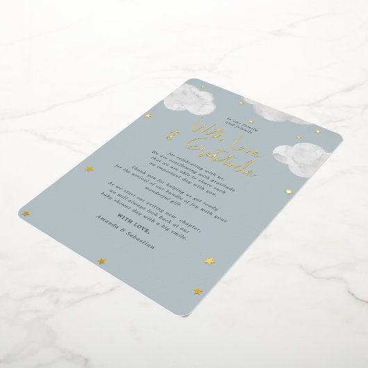 Invitation En Aluminium Nuages Baby shower gris bleu Merci plat (Rotation)
