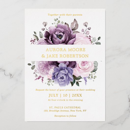 Invitation En Aluminium Nuances de pourpre Dusty fleurs Moody Floral Maria (Recto)