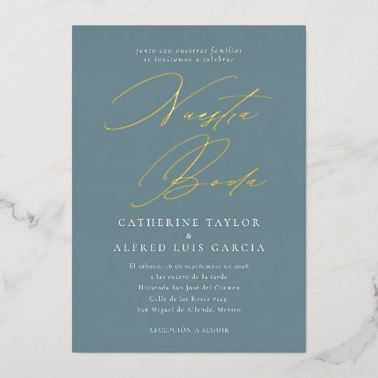 Invitation En Aluminium Nuestra Boda Espagnol Langue Bleu Script Mariage (Recto)