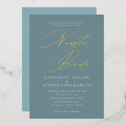 Invitation En Aluminium Nuestra Boda Espagnol Langue Bleu Script Mariage (Recto/Verso)