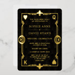 Invitation En Aluminium Nuit de casino en feuille d'or Las Vegas Poker Mar<br><div class="desc">Casino Royale unique, conception de carte en véritable feuille d'or. Il présente un style art déco vintage, une forme Old Hollywood des années 20 rugissantes avec des fleurs de lys en feuille d'or fausse, sur fond de motif Art Déco noir or. Un libellé spécial est utilisé comme dans un jeu...</div>