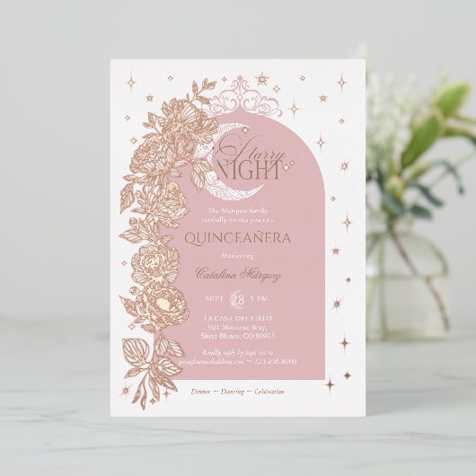 Invitation En Aluminium Nuit étoile Quinceanera Floral Céleste Lune (Debout devant)