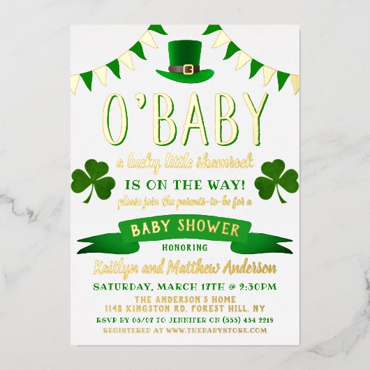 Invitation En Aluminium O'Baby St. Patrick's Day Baby shower Real (Recto)