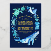 Invitation En Aluminium Ocean Animaux Aquarelle bleue 3e anniversaire (Recto)