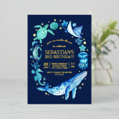Invitation En Aluminium Ocean Animaux Aquarelle bleue 3e anniversaire (Debout devant)