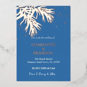 Invitation En Aluminium Océan Bleu Feuilles de Palmier Tropical Mariage Or