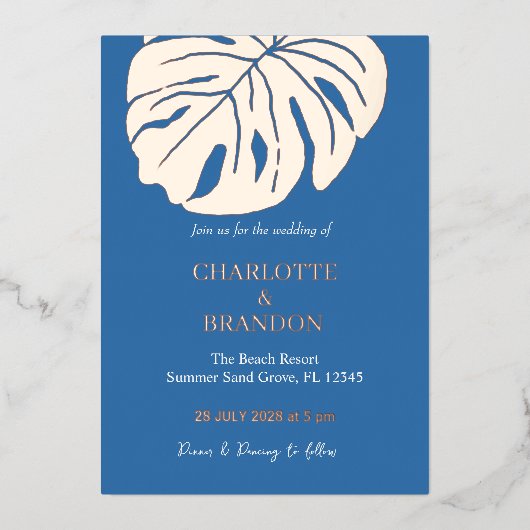 Invitation En Aluminium Océan Bleu Tropical Monstera Mariage feuille (Recto)