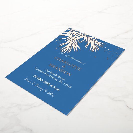Invitation En Aluminium Ocean Blue Tropical Palm Feuille Mariage Gold (Rotation)