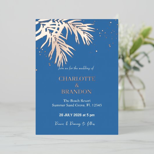 Invitation En Aluminium Ocean Blue Tropical Palm Feuille Mariage Gold (Debout devant)