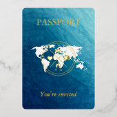 Invitation En Aluminium Ocean & Gold Passport Destination Mariage Photo (Recto)