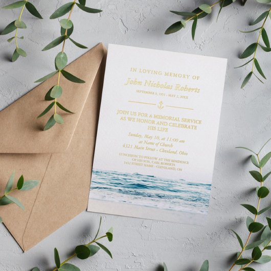 Invitation En Aluminium Ocean Waves Nautical Memorial Service Gold