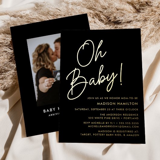 Invitation En Aluminium Oh Baby Black and Gold Script Baby shower photo