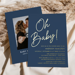 Invitation En Aluminium Oh Baby Navy et Or Script Photo Baby Shower