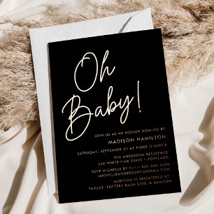 Invitation En Aluminium Oh Baby Noir et Or Rose Script Fête Prénatale