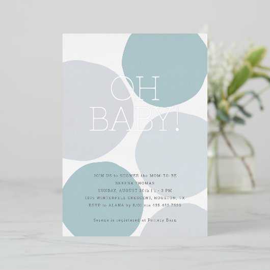 Invitation En Aluminium OH BÉBÉ ! Baby shower moderne Dusty Blue Polka Dot (Debout devant)