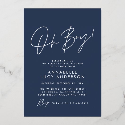 Invitation En Aluminium oh Garçon script de fête de naissance bébé bleu bé (Recto)
