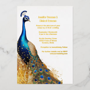 Invitation En Aluminium Oiseau paon luxe or bleu émeraude vert réel