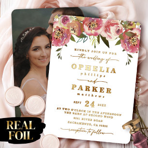 Invitation En Aluminium Ophelia Floral Photo de fiançailles Mariage Or Rée