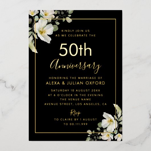 Invitation En Aluminium or 50e anniversaire à fleurs blanches (Recto)