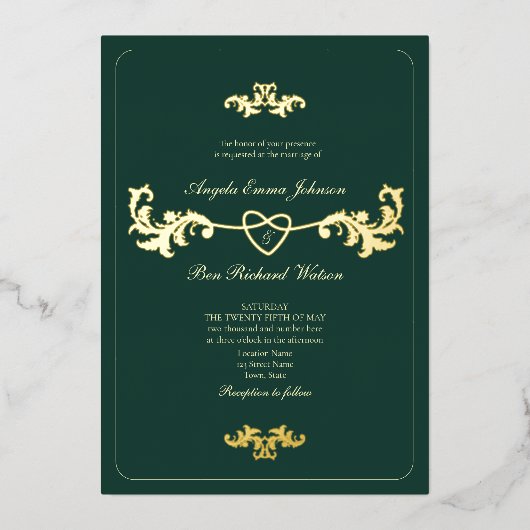 Invitation En Aluminium Or antique et vert émeraude (Recto)