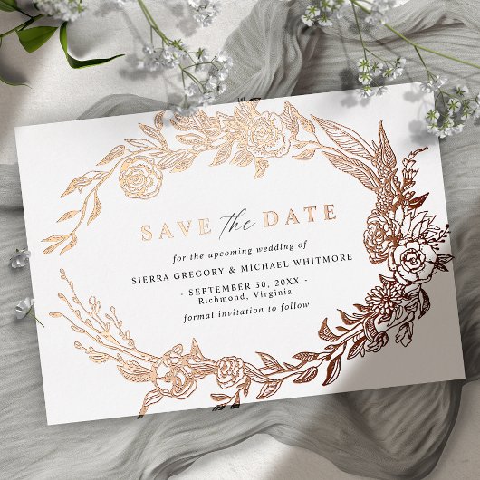 Invitation En Aluminium Or blanc et Rose | Floral moderne Enregistrer la d