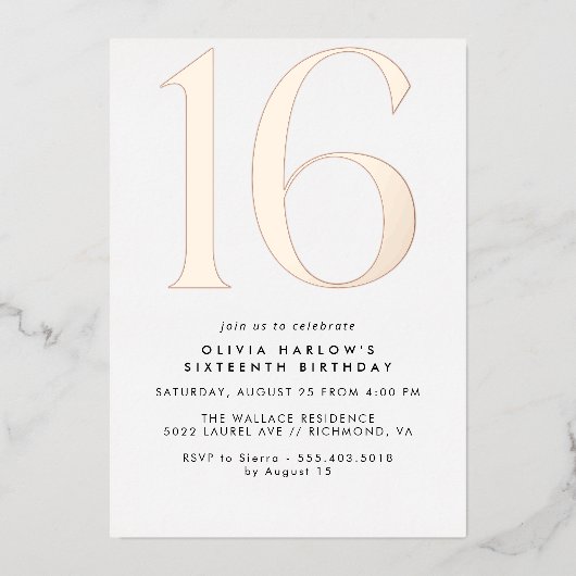 Invitation En Aluminium Or blanc et Rose | Mini moderne 16e anniversaire (Recto)
