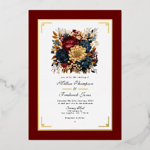Invitation En Aluminium Or, bleu marine et Mariage floral de Bourgogne