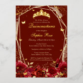 Invitation En Aluminium Or de fleurs Rouge Tiara Quinceanera (Recto)