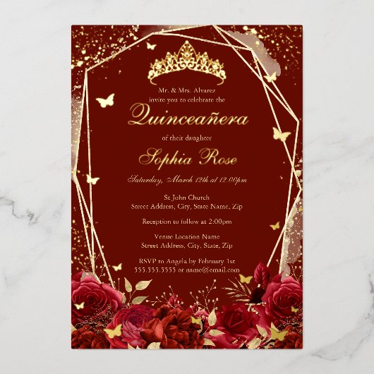 Invitation En Aluminium Or de fleurs Rouge Tiara Quinceanera (Recto)