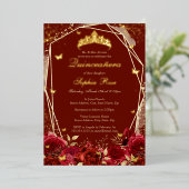 Invitation En Aluminium Or de fleurs Rouge Tiara Quinceanera (Debout devant)