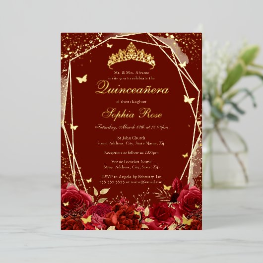 Invitation En Aluminium Or de fleurs Rouge Tiara Quinceanera (Debout devant)