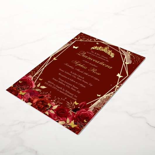 Invitation En Aluminium Or de fleurs Rouge Tiara Quinceanera (Rotation)