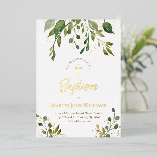 Invitation En Aluminium or détails aquarelle verdure Baptême (Debout devant)