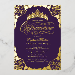 Invitation En Aluminium Or Élégant Script Quinceanera Anniversaire Violet