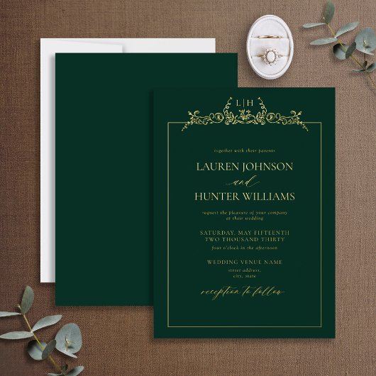 Invitation En Aluminium Or Emerald Vert Floral Bordure Mariage