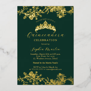 Invitation En Aluminium Or Émeraude Élégant Quinceanera Vintage