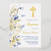 Invitation En Aluminium or et fleurs bleues Baptême (Recto)