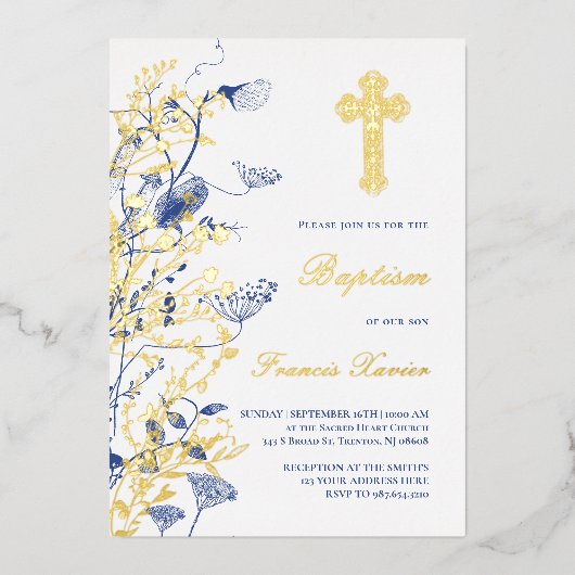 Invitation En Aluminium or et fleurs bleues Baptême (Recto)