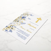 Invitation En Aluminium or et fleurs bleues Baptême (Rotation)