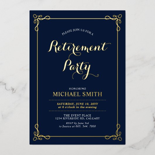 Invitation En Aluminium Or et marine | Elegant Classy Retirement Party (Recto)