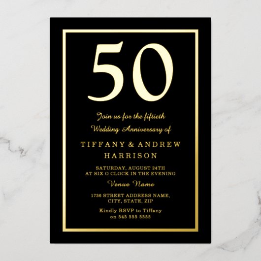 Invitation En Aluminium Or et noir 50e anniversaire Mariage or (Recto)