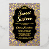 Invitation En Aluminium Or et Violet Imprimé Léopard Sweet 16 (Recto)