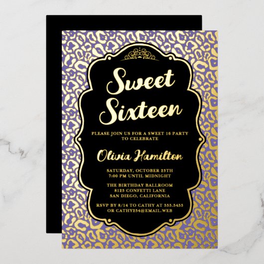 Invitation En Aluminium Or et Violet Imprimé Léopard Sweet 16 (Recto/Verso)