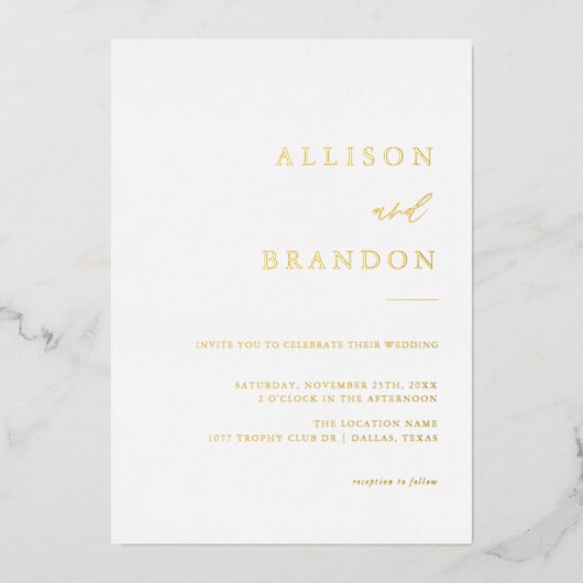 Invitation En Aluminium Or Foil Élégante calligraphie Mariage simple (Recto)