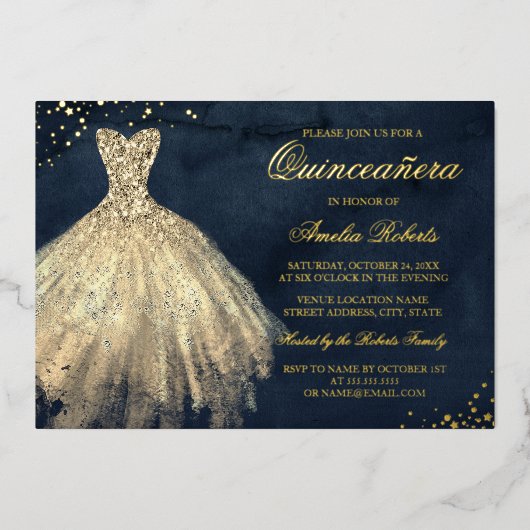 Invitation En Aluminium OR FOIL Marine Gold Sparkle Robe Quinceanera (Recto)