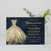 Invitation En Aluminium OR FOIL Marine Gold Sparkle Robe Quinceanera (Debout devant)