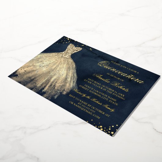 Invitation En Aluminium OR FOIL Marine Gold Sparkle Robe Quinceanera (Rotation)