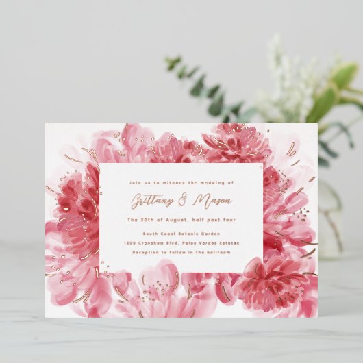 Invitation En Aluminium Or Mariage de fleurs roses (Debout devant)