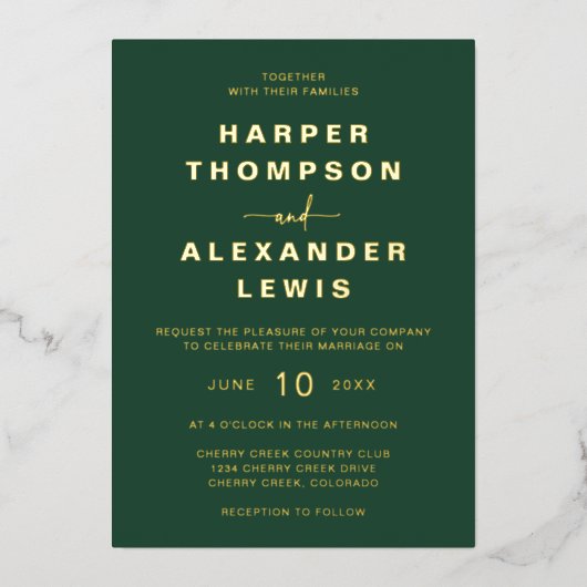 Invitation En Aluminium Or Mariage vert moderne (Recto)