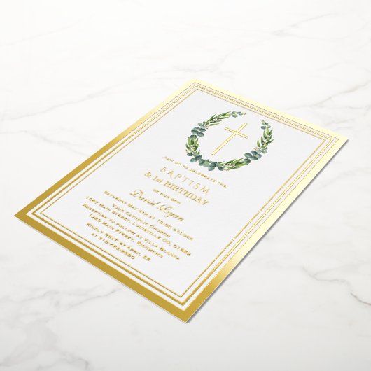 Invitation En Aluminium Or moderne Eucalyptus garçon 1er anniversaire Bapt (Rotation)